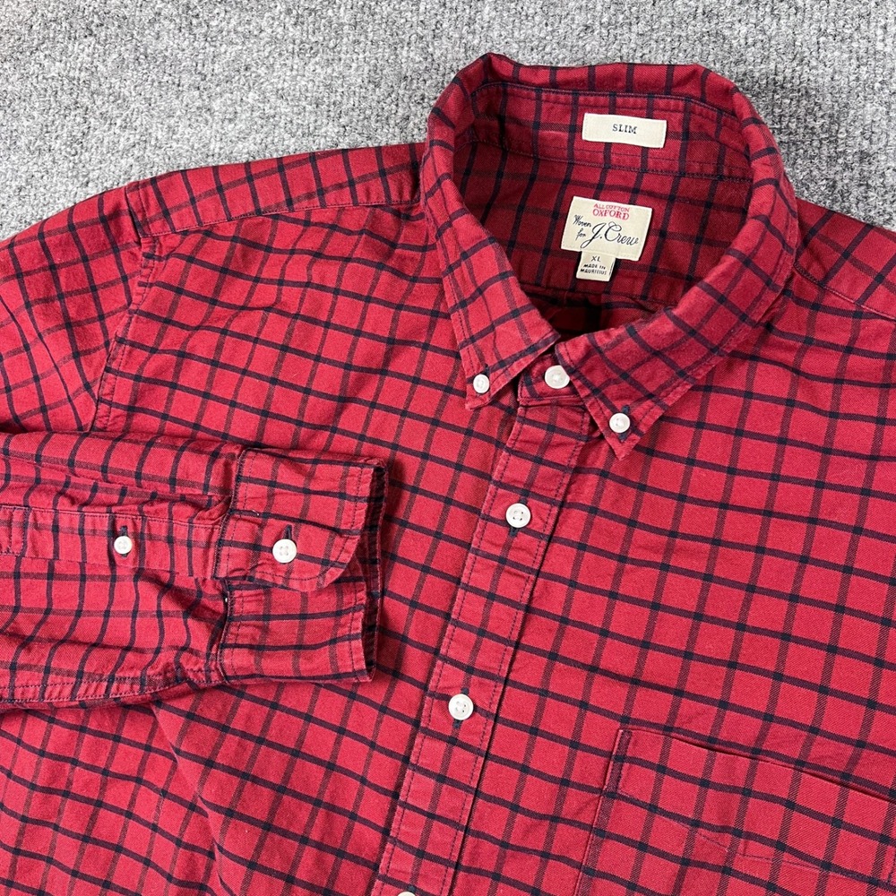 J Crew Shirt Mens XL Red Black Plaid All Cotton Oxford Long Sleeve Button Down